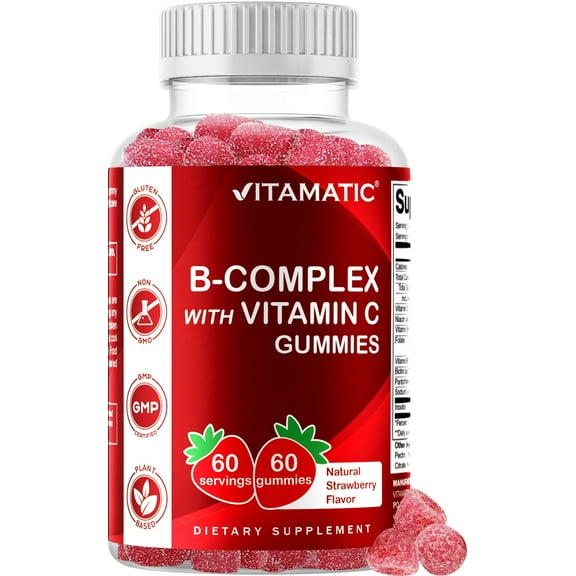 Vitamatic Vitamin B Complex Gummies with Vitamin C & Inositol - Natural Strawberry Flavor - 60 Gummies