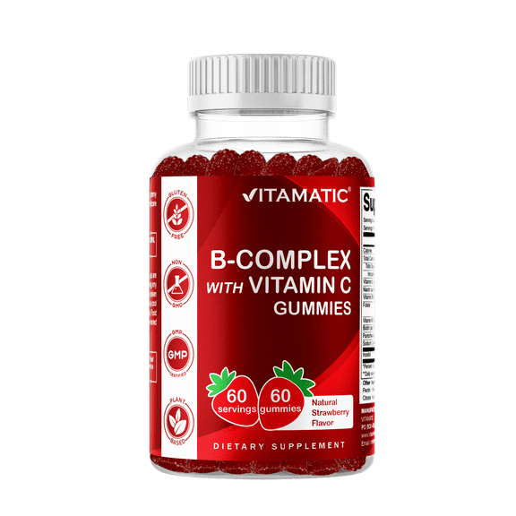 Vitamatic Vitamin B Complex Gummies with Vitamin C & Inositol - Natural Strawberry Flavor - 60 Gummies