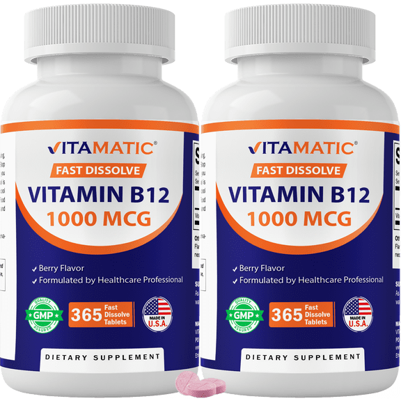 Vitamatic Vitamin B12 1000 mcg Fast Dissolve 365 Tablets - Berry Flavor - Supports Energy Metabolism - 2 Pack