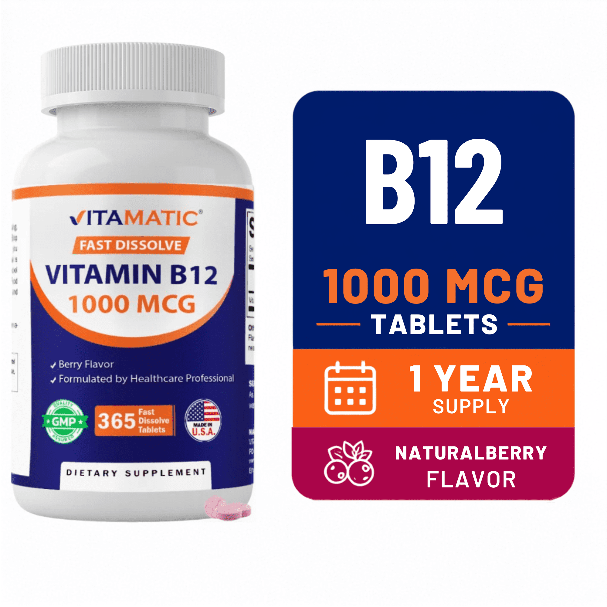 Vitamatic Vitamin B12 1000 mcg Fast Dissolve 365 Tablets - Berry Flavor - Supports Energy Metabolism