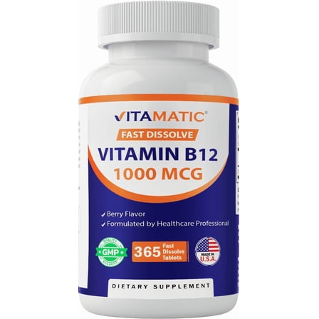 Vitamatic Vitamin B12 1000 mcg Fast Dissolve 365 Tablets - Berry Flavor - Supports Energy Metabolism