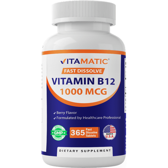 Vitamatic Vitamin B12 1000 mcg Fast Dissolve 365 Tablets - Berry Flavor - Supports Energy Metabolism