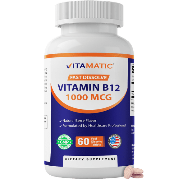 Vitamatic Vitamin B12 1000 mcg Fast Dissolve – 60 Tablets – Natural Berry Flavor – Supports Energy Metabolism & Nervous System Health
