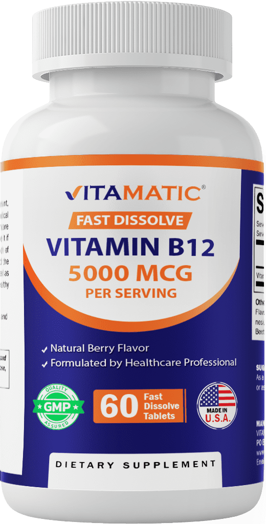 Vitamatic Vitamin B12 5000 mcg 60 Fast Dissolve Tablets Berry Flavor Supports Energy Production & Nervous System Health Non-GMO, Gluten-Free