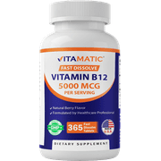Vitamatic Vitamin B12 5000 mcg per Serving Fast Dissolve 365 Tablets - Berry Flavor - Supports Energy Metabolism