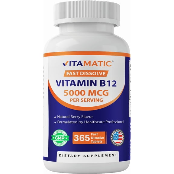 Vitamatic Vitamin B12 5000 mcg per Serving Fast Dissolve 365 Tablets - Berry Flavor - Supports Energy Metabolism