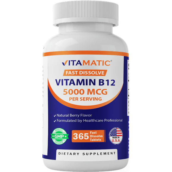 Vitamatic Vitamin B12 5000 mcg per Serving Fast Dissolve 365 Tablets - Berry Flavor - Supports Energy Metabolism