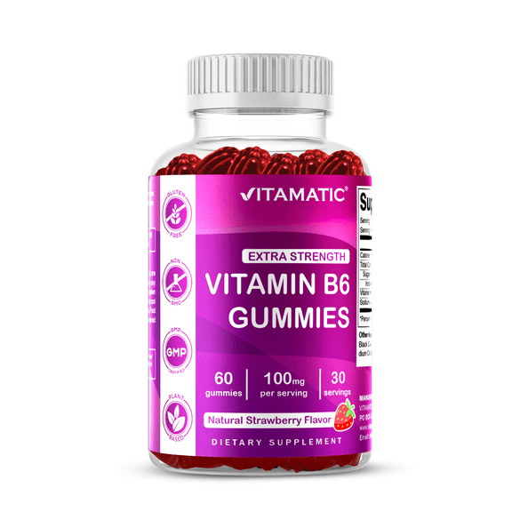 Vitamatic Vitamin B6 100mg - Strawberry Flavor - 60 Pectin Based Gummies - Supports Nervous System