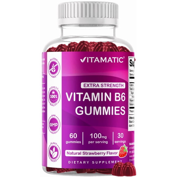 Vitamatic Vitamin B6 100mg - Strawberry Flavor - 60 Pectin Based Gummies - Supports Nervous System