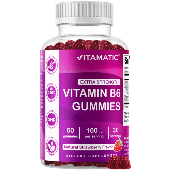Vitamatic Vitamin B6 100mg - Strawberry Flavor - 60 Pectin Based Gummies - Supports Nervous System