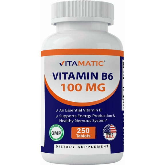Vitamatic Vitamin B6 (Pyridoxine HCI), 100mg 250 Vegetarian Tablets - Promotes Energy Production, boosts Metabolism and Immune Health Support