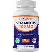 Vitamatic Vitamin B6 Pyridoxine HCI, 100mg 250 Vegetarian Tablets - Promotes Energy Production, boosts Metabolism and Immune Health Support