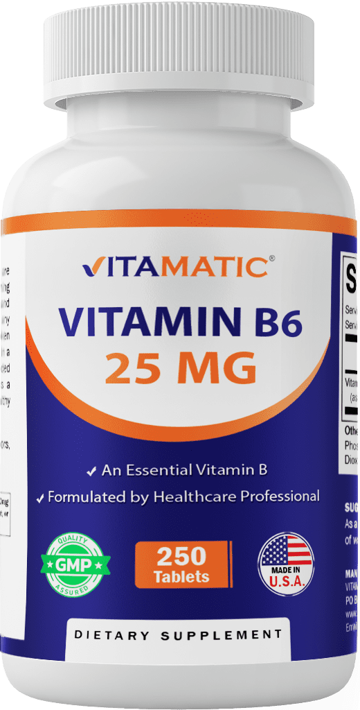 Vitamatic Vitamin B6 (Pyridoxine HCI), 25 mg 250 Vegetarian Tablets - Promotes energy production, boosts metabolism and immune health support