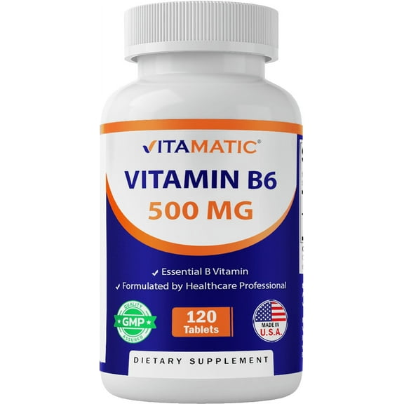 Vitamatic Vitamin B6 (Pyridoxine HCI), 500 mg 120 Vegetarian Tablets - Promotes Energy Production, boosts Metabolism and Immune Health Support