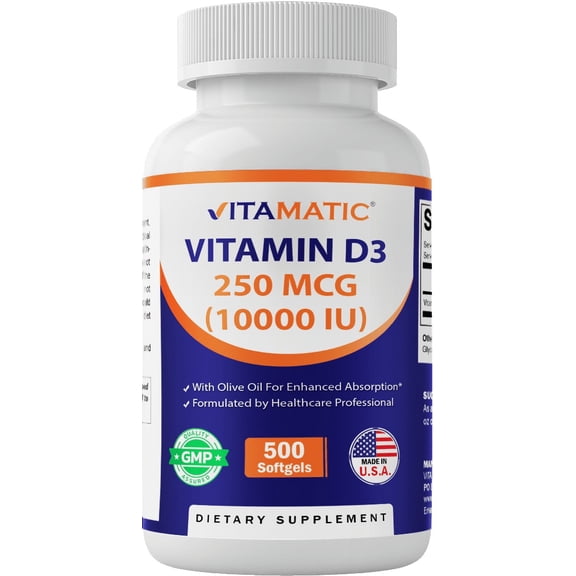 Vitamatic Vitamin D3 10000 IU (250 mcg) - 500 Softgels (Olive Oil Based), Non-GMO, Gluten Free in Cold-Pressed Mini Softgels