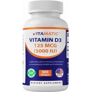Vitamatic Vitamin D3 5000 IU (125 mcg) - 500 Softgels (Olive Oil Based) - 500 Days Supply - for Healthy Muscle Function, and Immune Support, Non-GMO, Gluten Free in Cold-Pressed Mini Softgels