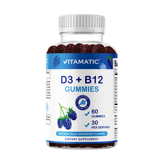 Vitamatic Vitamin D3 + B12 Gummies – Natural Blue Raspberry Flavor – 60 Gummies – with Folate & Vitamin B6 – Made in The USA