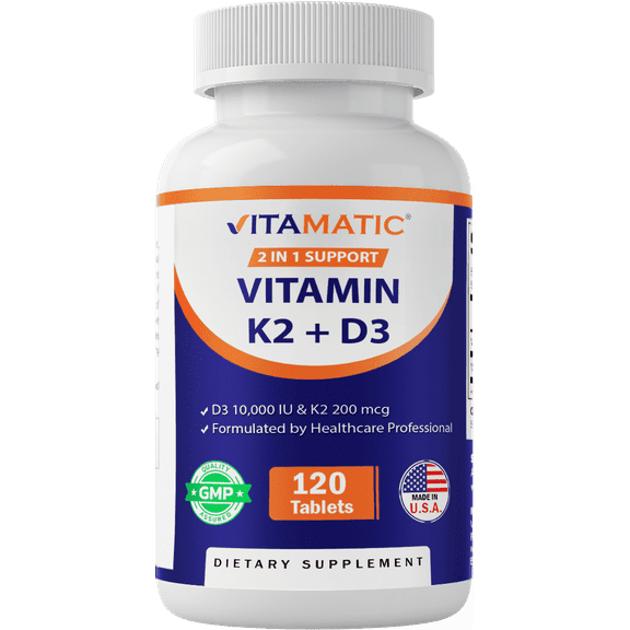 Vitamatic Vitamin D3 K2 Supplements with 10,000 IU Vitamin D + 200mcg Vitamin K MK-7, 120 Tablets Bone, Heart, Immune, & Calcium Support