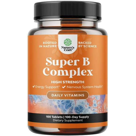 Vitamin B Complex Adult Multivitamin - Natural Super B Complex Vitamins for Energy, Immune Boost, Brain & Memory Support - Nature's Craft 100ct Vitamin B
