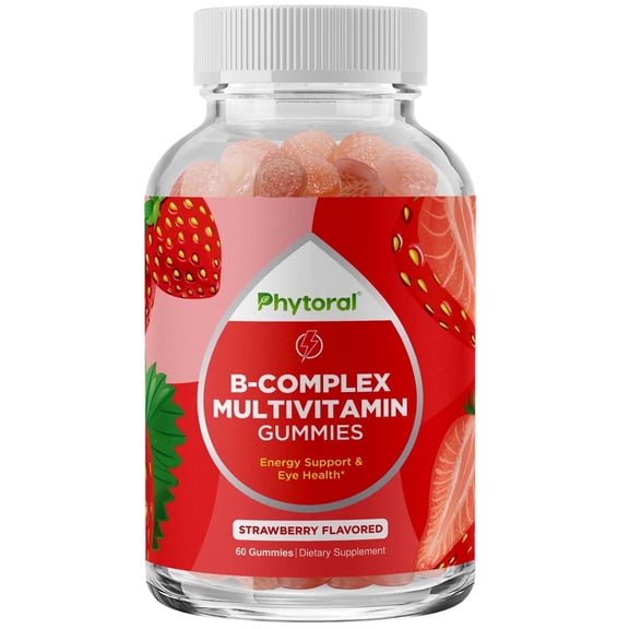 Vitamin B Complex Gummies for Adults & Kids - B Vitamins Complex with Thiamin, Riboflavin, Niacin, 6, 12 and Folate - Blend Supplement for Nervous System Support Energy & High Strength - 60 Gummies