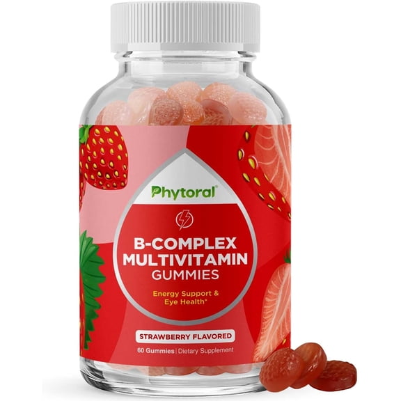Vitamin B Complex Gummies for Adults & Kids - B Vitamins Complex with Thiamin, Riboflavin, Niacin, 6, 12 and Folate - Blend Supplement for Nervous System Support Energy & High Strength - 60 Gummies