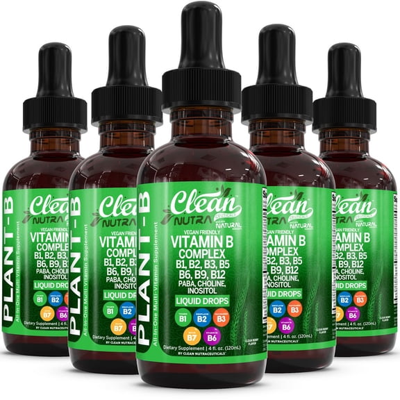 Vitamin B Complex Liquid Drops | Thiamine B1, B6, B2, B3, B4, B5, B7 B9, B12, Niacinamide, Paba, Choline Inositol Taurine Probiotics Beet Root Spirulina - Plant-B Vitamin Supplements by Clean Nutra