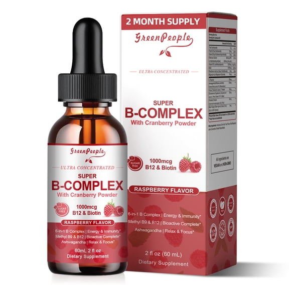Vitamin B Complex Liquid Drops - with Vitamin B3, 5,6,7,9,12, Biotin & Ashwagandha - Sugar-Free, Raspberry Flavor - 2 fl oz (60ml)