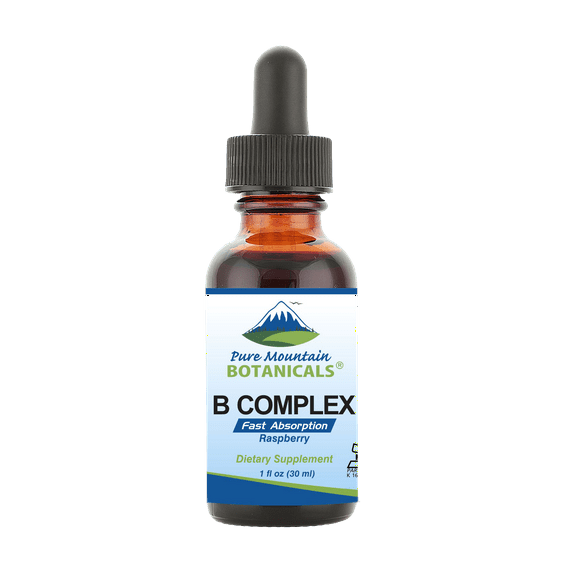 Vitamin B Complex Liquid with Raspberry Flavor Kosher Herbal Supplements Brown Glass Bottle (1 oz) (30 ml)