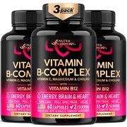 Vitamin B Complex for Men & Women - Made in USA - 11-in-1 B-Complex B1, B2, B3, B5, B6, B7, B8, B9, B12 with Vitamin C, Choline, Inositol - Energy, Brain & Heart Support Supplement - Pack of 3