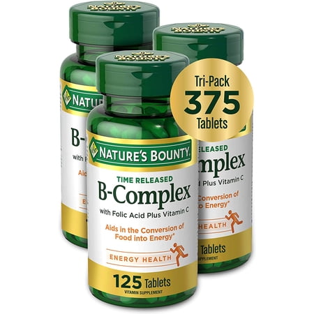 Vitamin B-Complex by Nature's Bounty, Time Released Vitamin Supplement w/ Folic Acid Plus Vitamin C, Supports Energy Metabolism and Nervous System Health, 125 Tablets (Pack of 3)