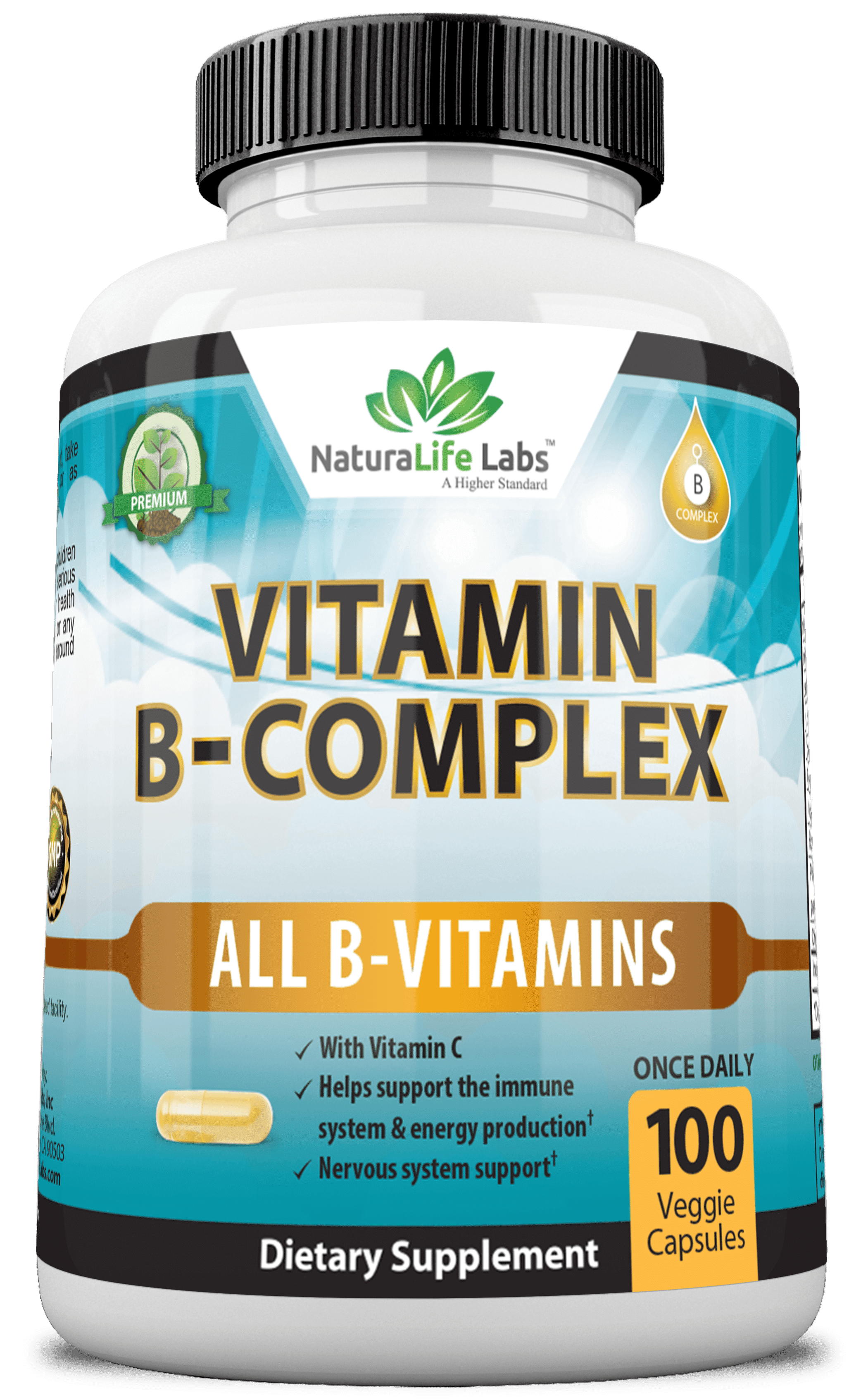 Vitamin B Complex with Vitamin C and Folic Acid - B12, B1, B2, B3, Vitamin B5 Pantothenic Acid, B6, B7, B9 - Nervous System Support 100 Veggie Capsules