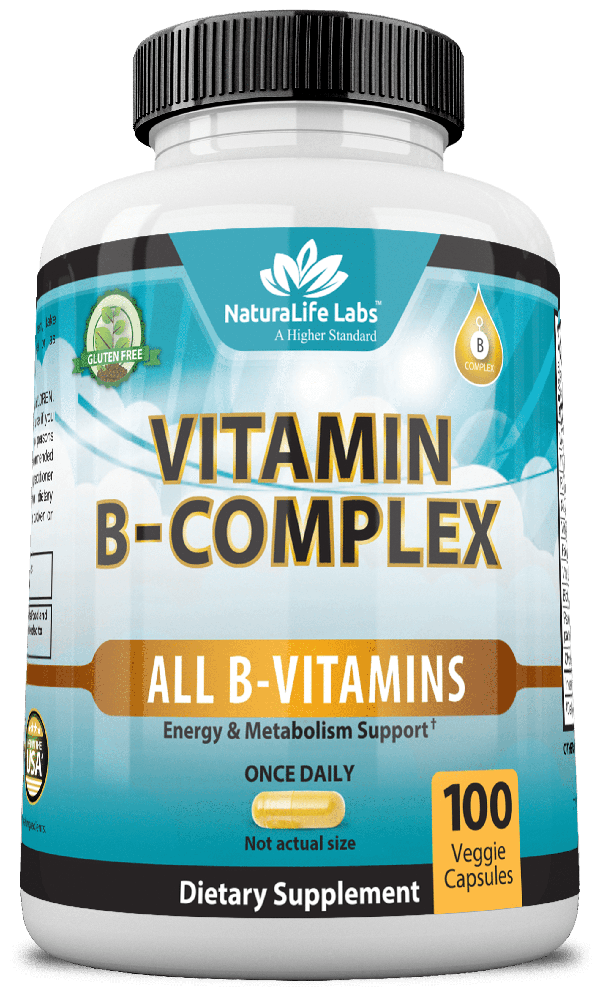 Vitamin B Complex with Vitamin C and Folic Acid - B12, B1, B2, B3, Vitamin B5 Pantothenic Acid, B6, B7, B9 - Nervous System Support 100 Veggie Capsules