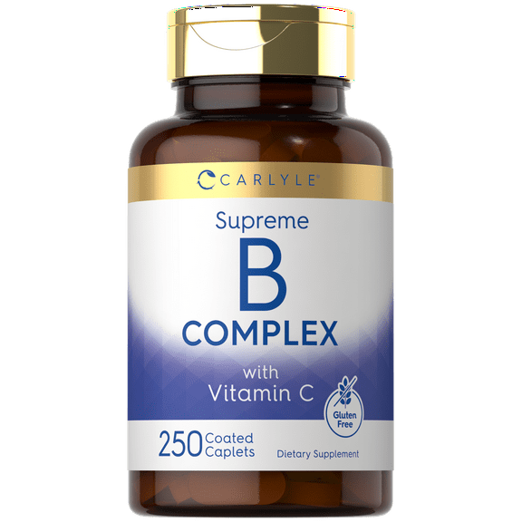 Vitamin B Complex plus Vitamin C | 250 Caplets | Vegetarian, Non-GMO and Gluten Free Supplement | by Carlyle