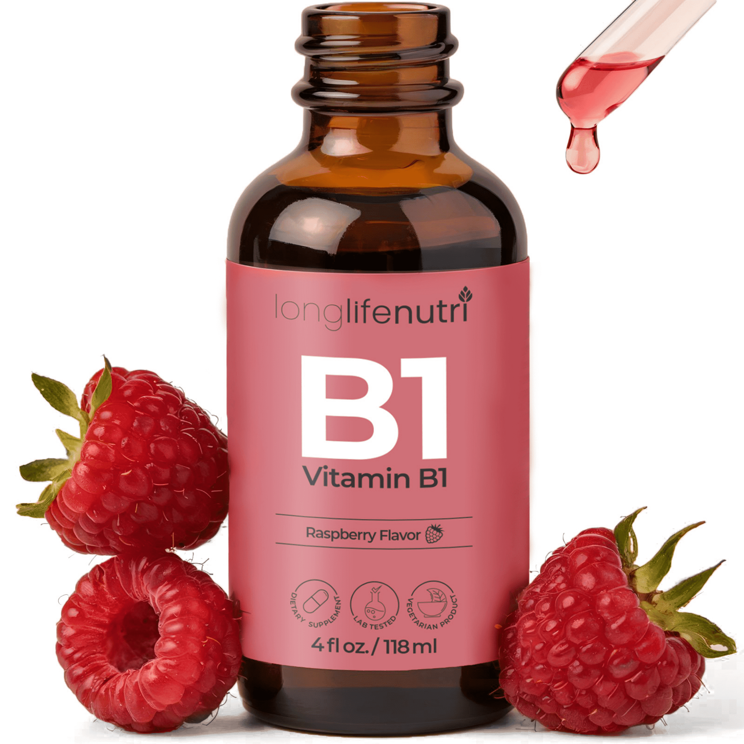 LongLifeNutri Vitamin B1 Liquid Drops - 4 FL OZ, Thiamine Mononitrate Organic Supplement