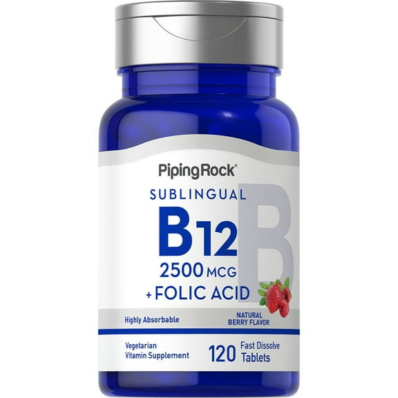 Vitamin B12 2500 mcg | 120 Fast Dissolve Tablets | Natural Berry Flavor | with Folic Acid | Vegetarian, Non-GMO, Gluten Free Supplement | By Piping Rock
