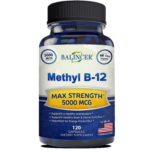 Vitamin B12-5000 MCG Supplement with Methylcobalamin (Methyl B-12) - Max Strength Vitamin B 12 Support to Help Boost Natural Energy, Benefit Brain & Heart Function - 120 Capsules