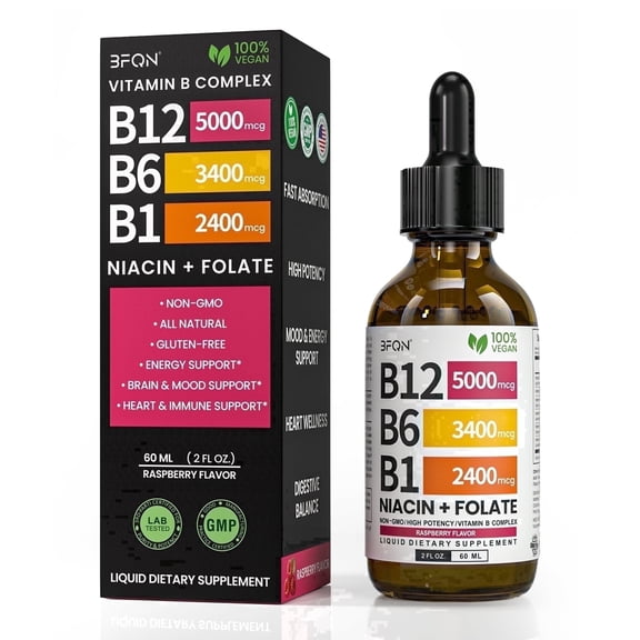 BFQN Vitamin B12 and B6 Liquid Drops, B12 Sublingual Vitamin B Complex - B 12 Vitamin 5000mcg - B12 Methylcobalamin with 27, 200 Mcg, Raspberry Flavor