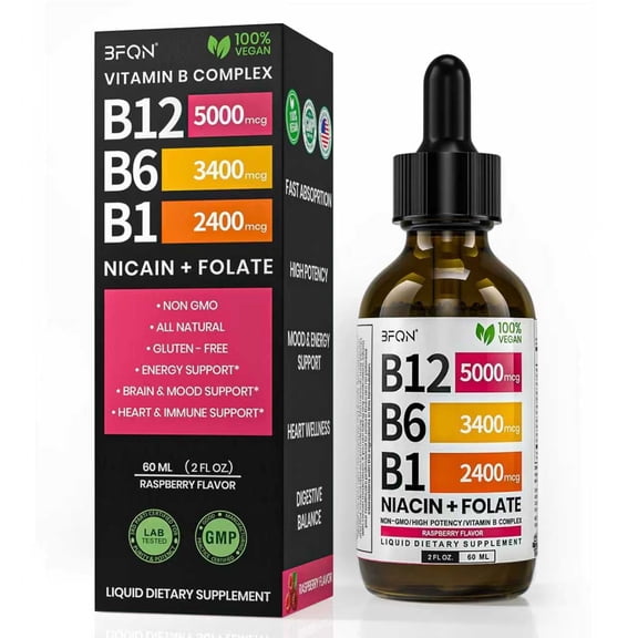 BFQN Vitamin B12 & B6 Liquid Drops 5000mcg Methylcobalamin with 27mg B6, Sublingual B-Complex for Men & Women, Raspberry Flavor