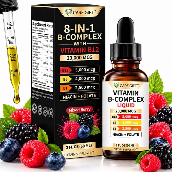 Vitamin B12 B6 B1 Liquid Drops, Vitamin B Complex 5000mcg Methylcobalamin, for Energy, Stress, Immune Support, Mixed Berry, 2 fl oz