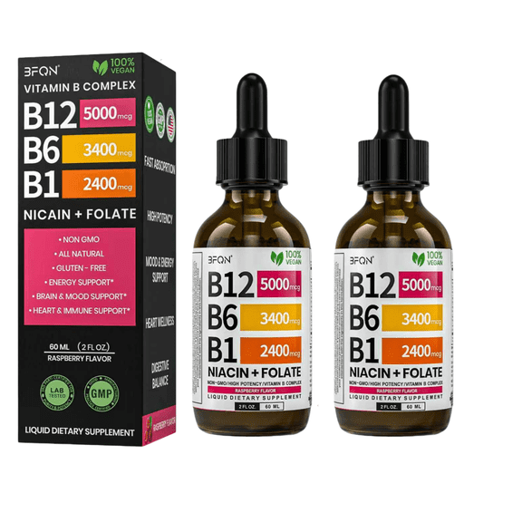 BFQN Vitamin B12 & B6 Liquid Drops 5000mcg Methylcobalamin with 27mg B6, Sublingual B-Complex for Men & Women, Raspberry Flavor, 2-Pack