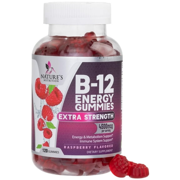 B12 Energy Gummies 4500 mcg - Extra Strength Vitamin B12 Chewables - Dietary Supplement for Energy Metabolism & Immune Support - For Women, Men, & Kids - Natural, Vegan, Berry Flavor - 120 Count