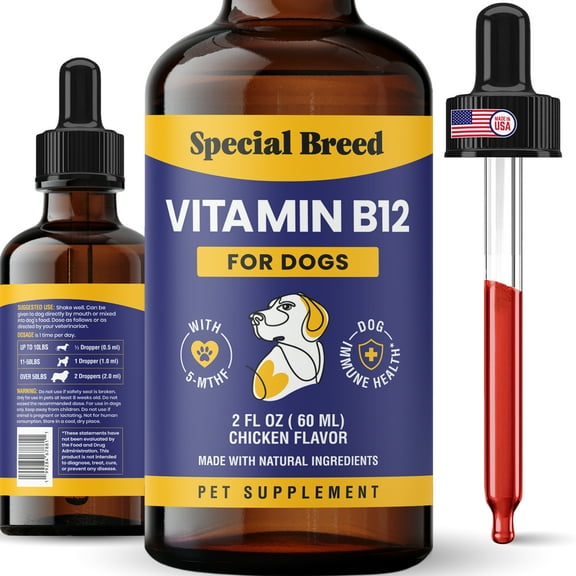 Liquid Vitamin B12 for Dogs  Methylcobalamin and 5-MTHF  Boosts Energy, Appetite, Mood & Immune System Support, Easy-to-Use Dropper - Chicken Flavor, 2 fl oz