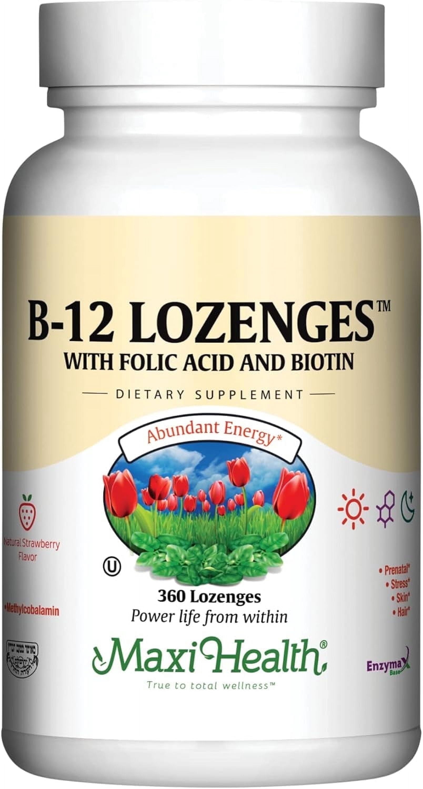 Maxi Health B12 Lozenge – 800 Mcg with Folic Acid & Biotin – Strawberry Flavor – 360 Count – Kosher