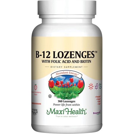 Maxi Health B12 Lozenge – 800 mcg with Folic Acid & Biotin – Strawberry Flavor – 360 Count – Kosher
