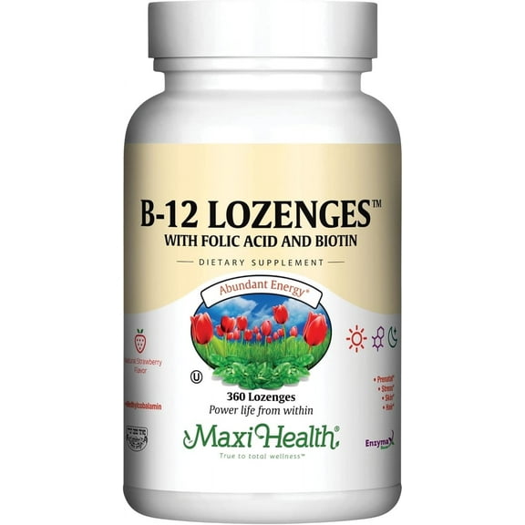 Maxi Health B12 Lozenge – 800 Mcg with Folic Acid & Biotin – Strawberry Flavor – 360 Count – Kosher
