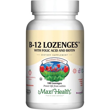 Maxi Health B12 Lozenges – Methylcobalamin B12, Folic Acid & Biotin – Strawberry Flavor – 180 Count – Energy, Hair, Skin & Prenatal Support – Vegetarian, Gluten-Free