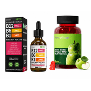 Vitamin B Complex Liquid Drops & Apple Cider Vinegar B12 Multivitamin Gummies Bundle, B12 B6 B1 Niacin Folate, Vegan Dietary Supplement, Raspberry Flavor Drops + Apple Cider Gummies, 60ml & 60 Gummie