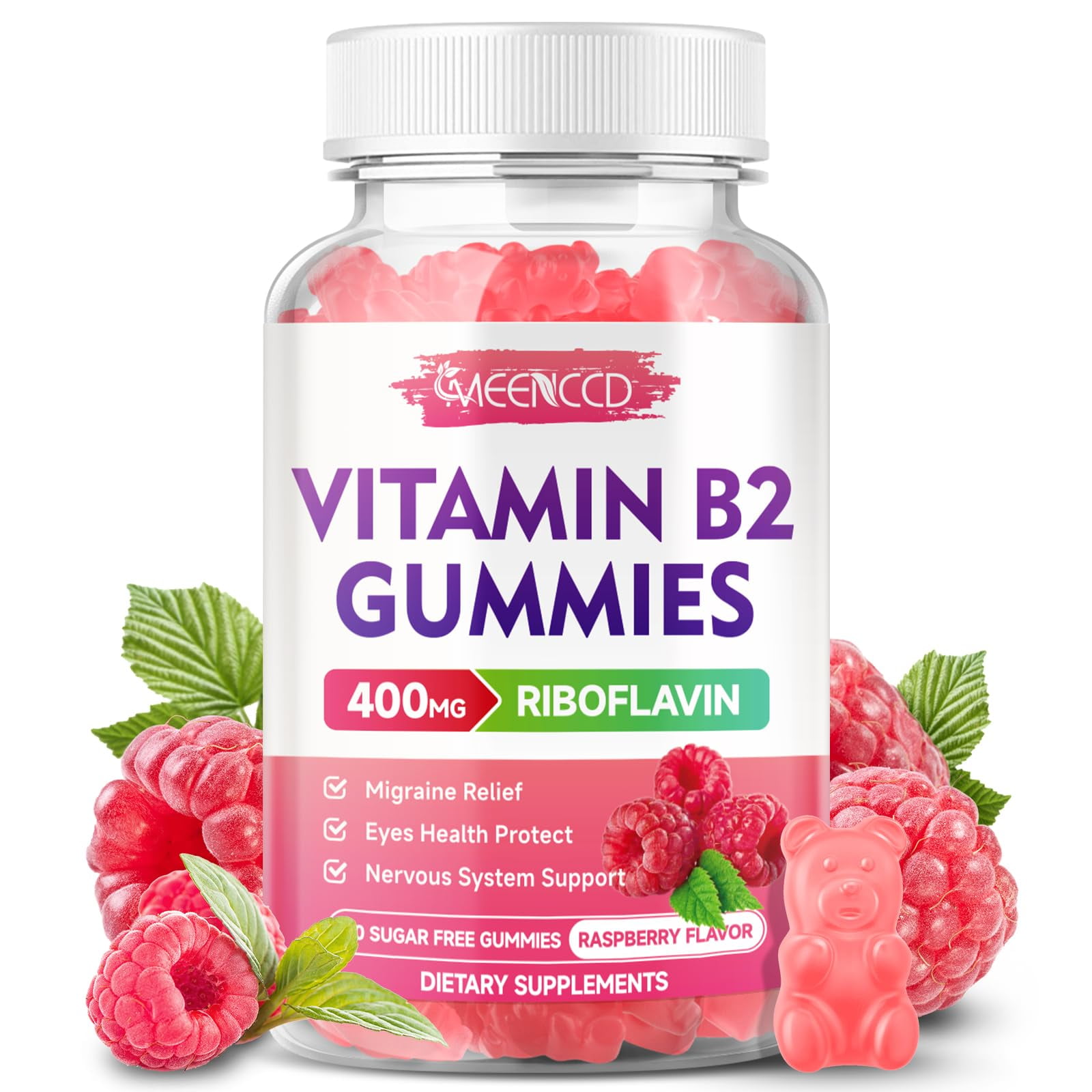 Vitamin B2 Gummies Riboflavin 400mg Supplement with Magnesium for Kids & Adults, B2 Gummies for Migraine Relief & Nervous System Support, Vegan, Sugar-Free, Raspberry Flavor, 60 Count