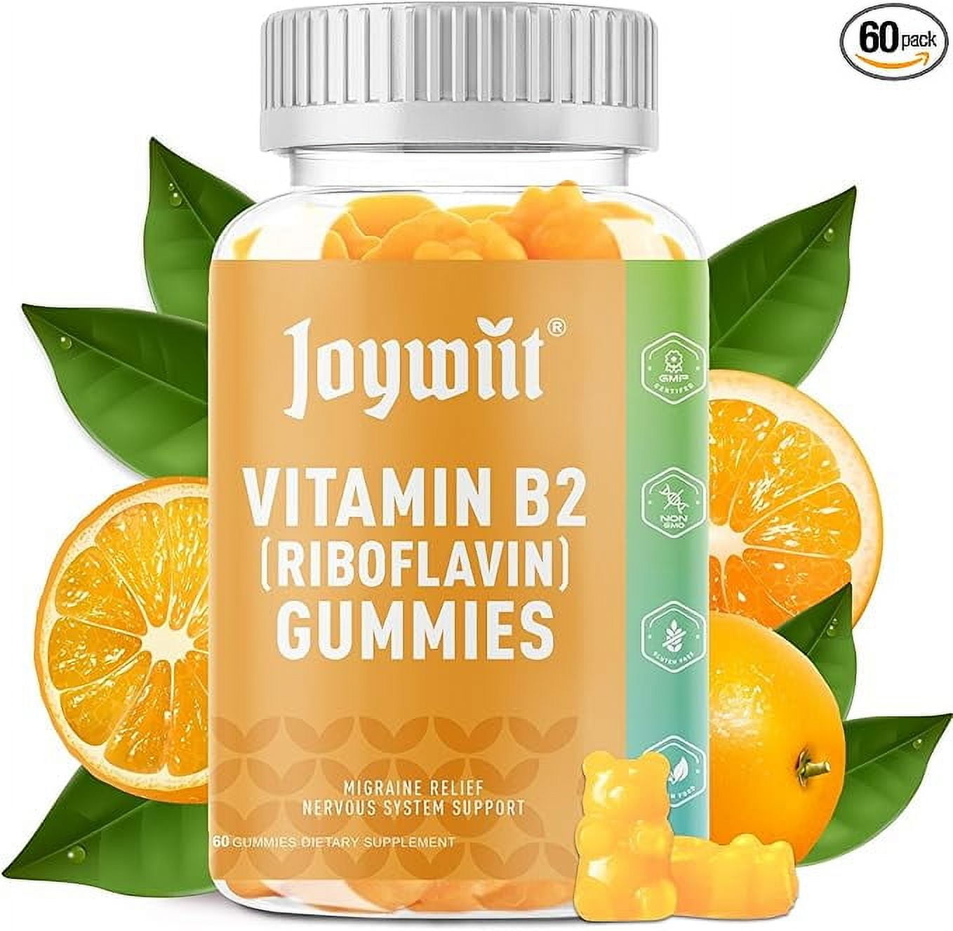 Vitamin B2 Gummies Riboflavin 500mg for Adults, Migraine Relief & Nervous System Support, Orange Flavor, Non GMO, Vegan, Pectin - 60 Counts