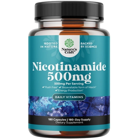 Vitamin B3 Nicotinamide 500mg Capsules - Mitochondrial Energy and Potent Skin Supplement - AKA Vitamin B3 Niacin 500mg Flush Free and Niacinamide 500mg - Flush Free Niacin Supplement - 180ct